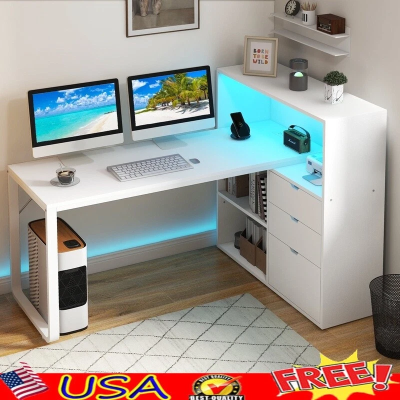 L Shaped Computer Desk W/ Power Outlets LED Lights
